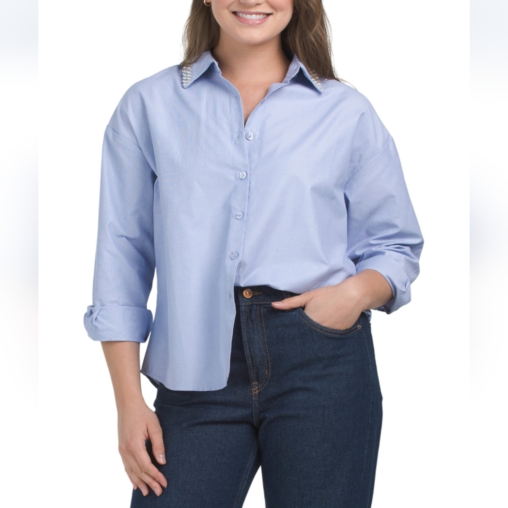 Kaktus Women's Blue Faux Pearl Collar Shirt